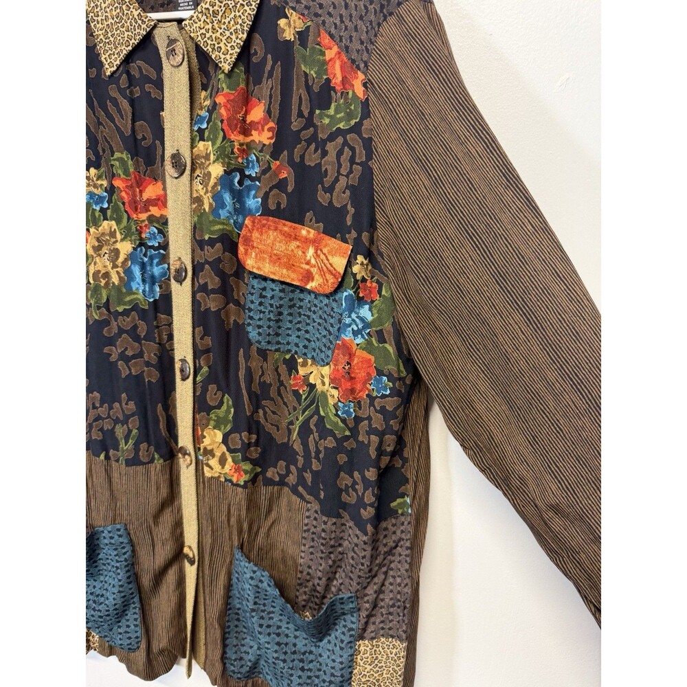 Vtg Carole Little Women Tunic Shirt  Boho Animal Print Floral Button Up Brown 16 - Picture 3 of 13
